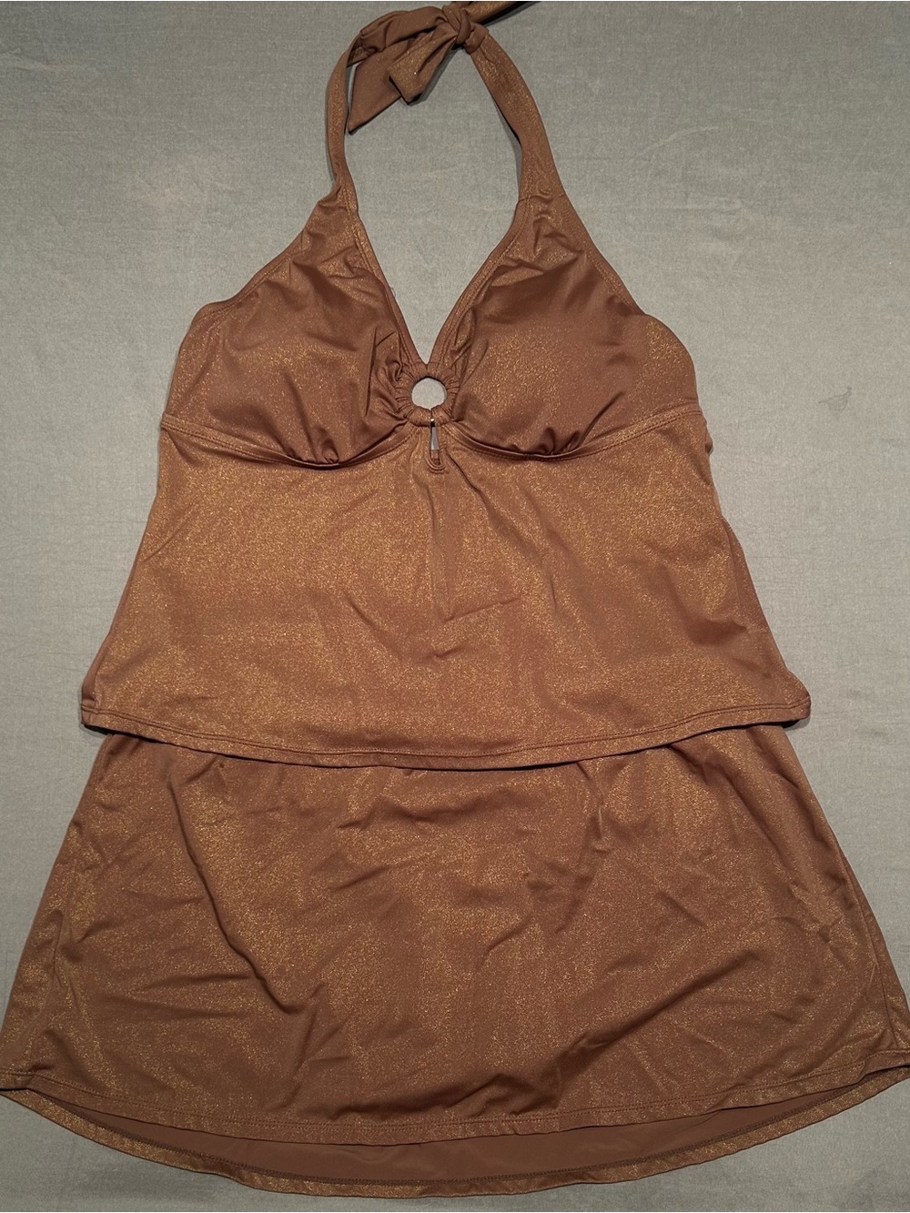❌SOLD❌Vintage Y2K St Tropez Brown & Gold Halter Tankini Top & Swim Skirt Set